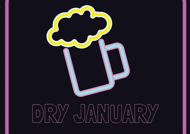 Graphic featuring neon lights on black background with a beer mug icon and 'Dry January' text. Suitable for campaigns promoting sobriety and healthy lifestyle choices during January, social media posts, blog headers, digital newsletters, and wellness programs.