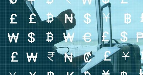 Global Currency Icons Overlaying Business Travel Scene