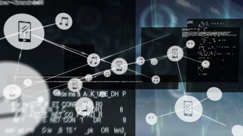 Digital Network Icons Overlay on Data Processing Background
