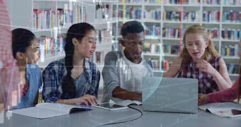 Diverse Students Collaborating with Technology Tools in Library Setting