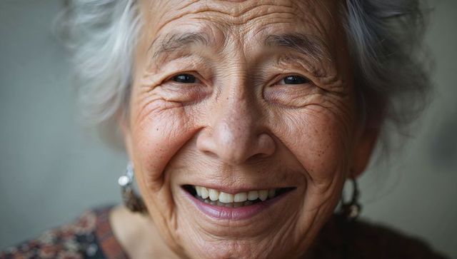 Smiling senior woman showing warm wrinkles and silver dangling earrings, closeup portrait