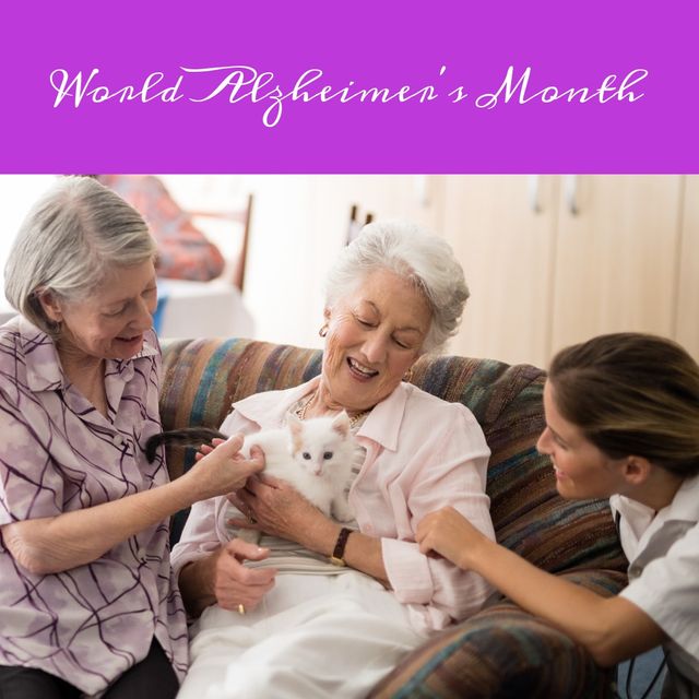 Caucasian young woman and senior women playing with kitten and world alzheimer's month text. Composite, togetherness, pet, nursing home, disease, healthcare, mental health, awareness and campaign.