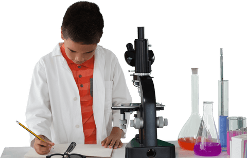 child scientist writing in front of transparent microscope - Download Free Stock Videos Pikwizard.com