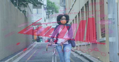 Masked woman with bicycle and covid-19 statistics overlay