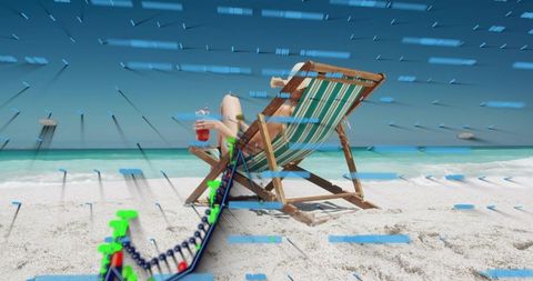 Woman relaxing on striped chair sipping cocktail on turquoise beach with digital streaks