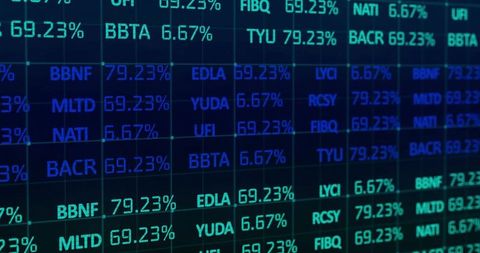 Futuristic led market ticker displaying stock symbols and percentage metrics on grid panel
