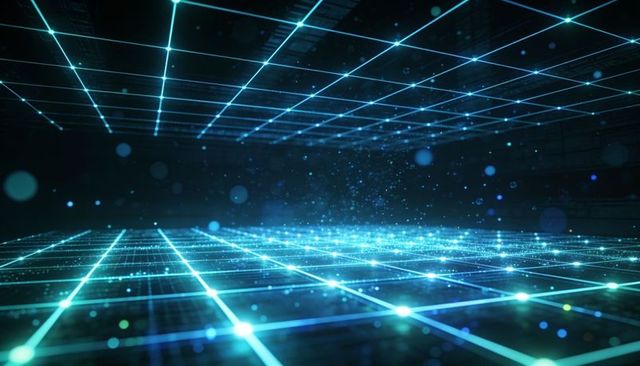 Digital glowing cyan grid extending into depth with sparkling nodes and neon reflections