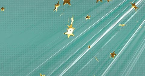 Golden Stars Streaking Across Teal Halftone Background with Diagonal Light Rays and Sparks