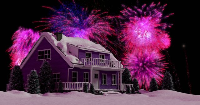 Pink Fireworks Celebrating Christmas Over Snowy Night House - Download Free Stock Images Pikwizard.com