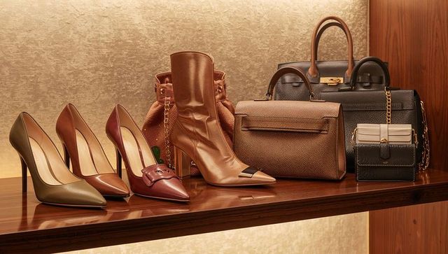 Luxury leather handbags and heels displaying on backlit boutique shelf in warm tones
