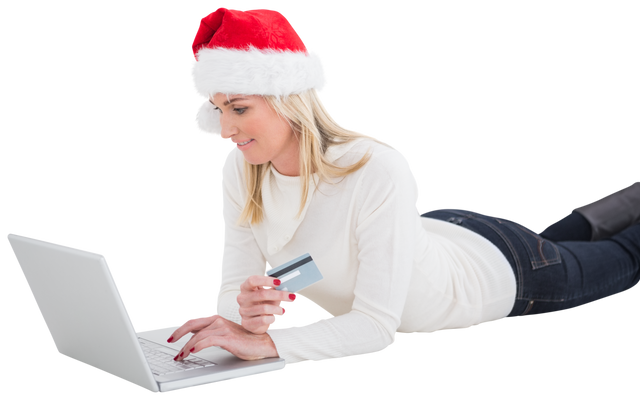 Caucasian Woman in Santa Hat Shopping Online with Credit Card on Transparent Background - Download Free Stock Videos Pikwizard.com