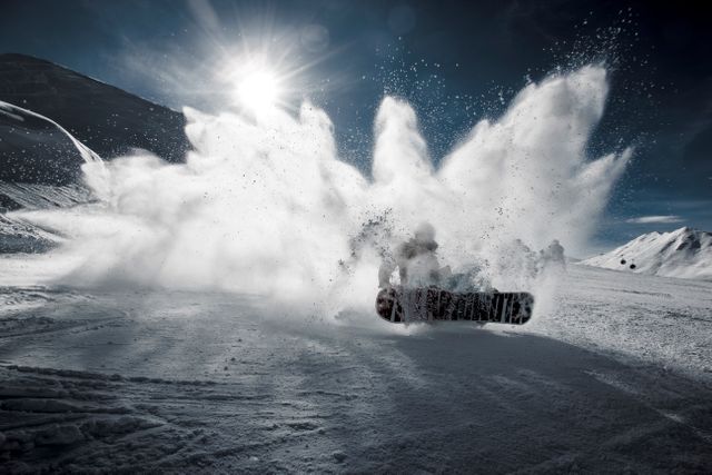 Snowboarder captured mid-action, creating an impressive spray of powder snow on a mountain slope. The bright sunlight shining through adds a dramatic effect. Ideal for promoting winter sports, outdoor adventure activities, or snowboarding events.