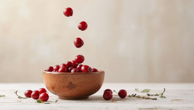 Cranberries falling into terracotta bowl on whitewashed table minimal rustic still life