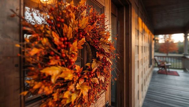 Welcoming autumn wreath on rustic porch door at golden hour, fall entry decor with berries