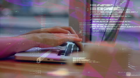 Hands Typing Code on Laptop with Digital Data Overlay