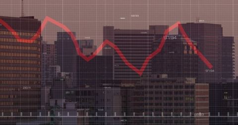 Dusk City Skyline Showing Red Market Line Graph Overlay and Grid Data Visualization
