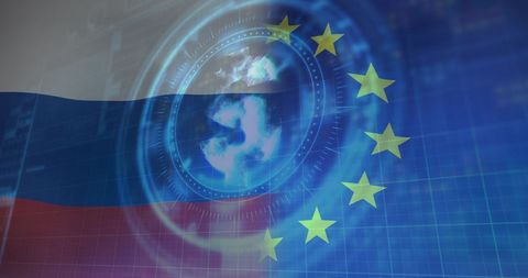 Digital Scanning Symbol Overlapping Russian and EU Flags - Download Free Stock Images Pikwizard.com