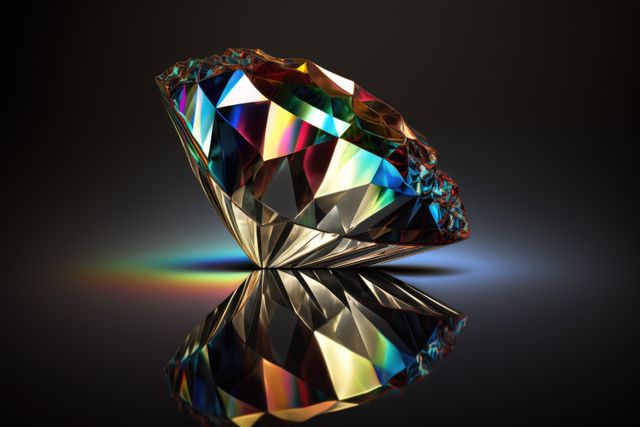 Luxurious cut diamond showcasing vibrant colors and reflections against a dark background. Ideal for luxury product advertisements, jewelry promotions, and high-end marketing materials.