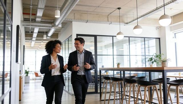Two professionals walking and talking in modern open-plan office with glass meeting rooms