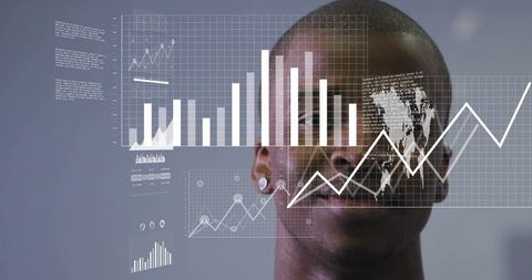 Business analytics overlay on portrait of young man with data-driven holographic charts and map