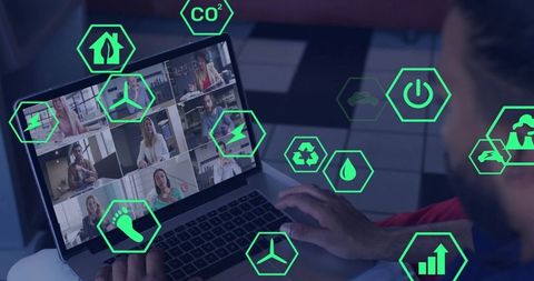 Remote team collaborating on sustainable energy and emissions reduction with green icons