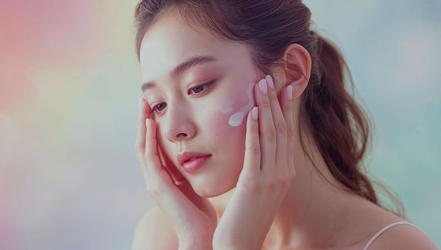 Asian woman applying skincare cream in pastel tones
