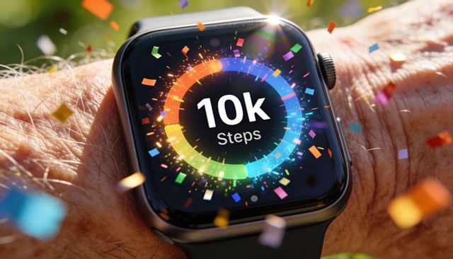 Smartwatch celebrating 10k steps with colorful confetti on wrist outdoors