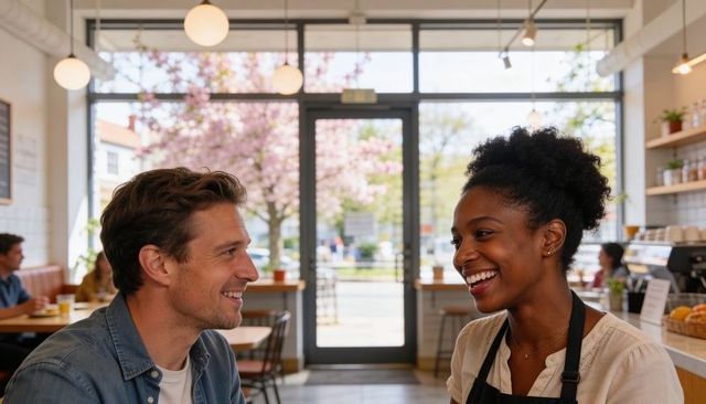 Smiling customer and barista chatting at sunlit cafe counter with storefront view