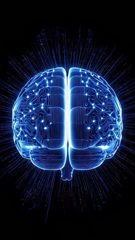 Rotating holographic brain pulsing neon blue nodes and streaming data lines vertical 9:16 tech loop