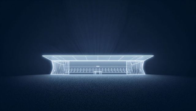 Glowing wireframe pavilion with curved supports and floating grid roof in navy void