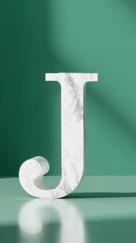 Rotating marble 3D letter J revealing on glossy base against teal backdrop vertical loop