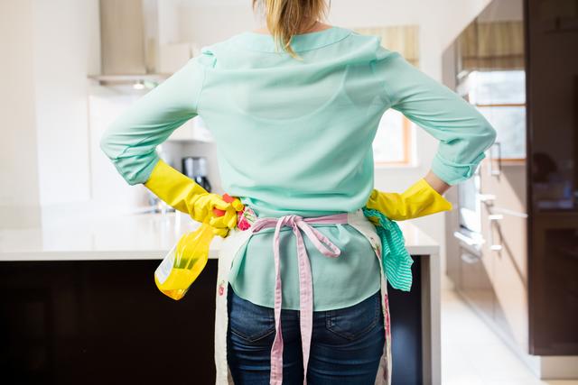 Woman standing with spray bottle and napkin in kitchen - Download Free Stock Photos Pikwizard.com