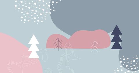 Abstract winter landscape with geometric trees and snowfall