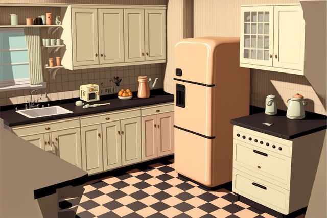 Nostalgic and stylish, this vintage retro kitchen features cream-colored appliances and black-and-white checkered flooring. Ideal for projects relating to interior design, decor inspiration, or articles about nostalgic home aesthetics. Useful for showcasing classic kitchen design, retro trends, and a nostalgic atmosphere in family homes or dining spaces.