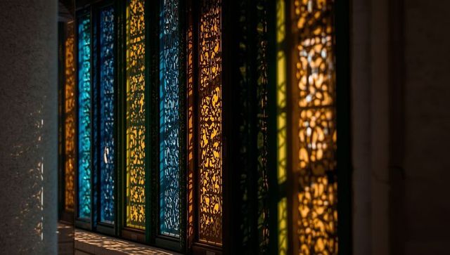 Sunlight streaming through decorative hued lattice screens