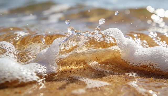 Macro cresting foamy wave rolling over wet sand with water droplets and light reflections