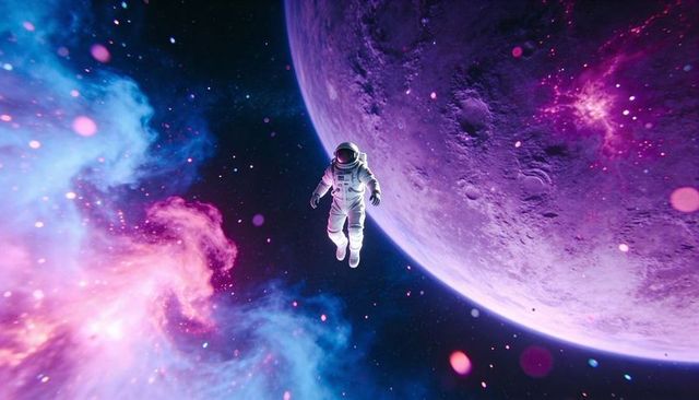 Floating astronaut drifting past purple cratered planet and pink-blue nebula emphasizing solitude
