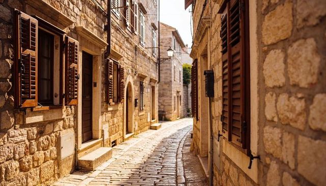 Sunlit curving cobblestone alley with wooden shutters in historic mediterranean town