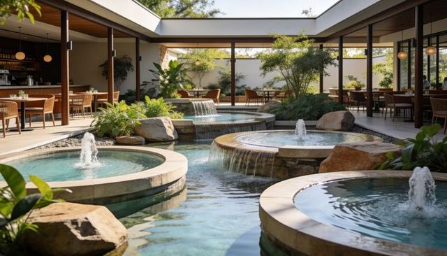 Creating tranquil courtyard with cascading tiered fountains and open-air dining oasis