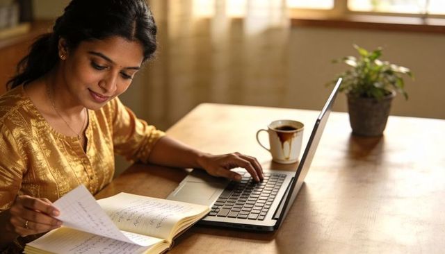 Sunlit indian woman working from home with laptop and handwritten notebook on wooden desk