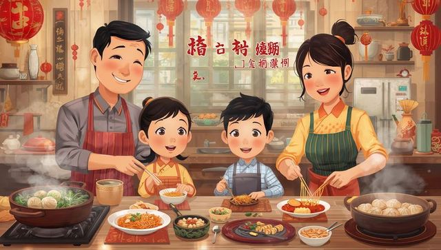 Chinese family preparing lunar new year feast in festive kitchen with noodles and dumplings
