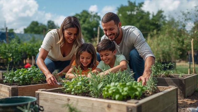 Family gardening together in backyard, teaching kids to tend herbs and vegetables