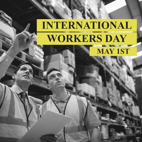 warehouse team on international workers day with yellow banner - Download Free Stock Templates Pikwizard.com