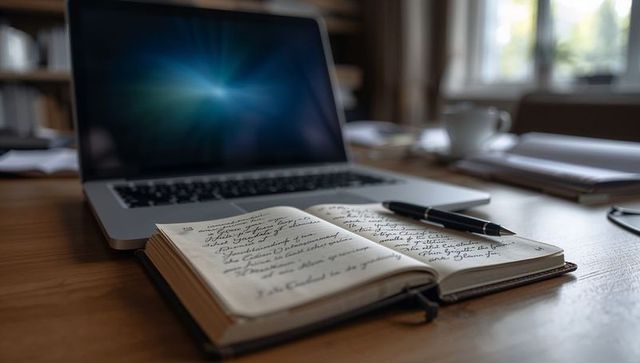 Leather journal with cursive handwriting and fountain pen on sunlit wooden desk with laptop