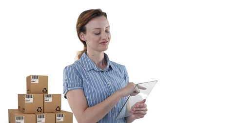 Smiling Woman Using Futuristic Tablet with Boxes Background