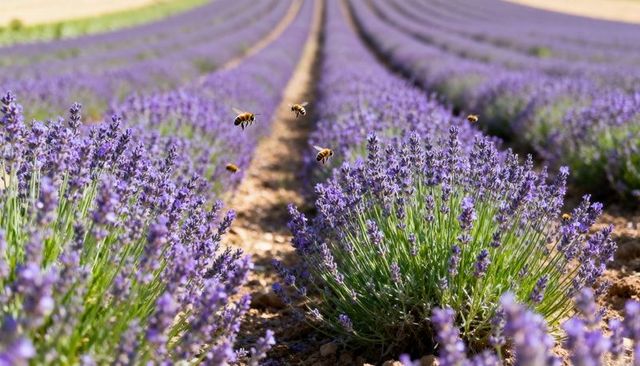 Sunlit Lavender Field with Busy Bees Overhead, Rows of Purple Blooms and Paths
