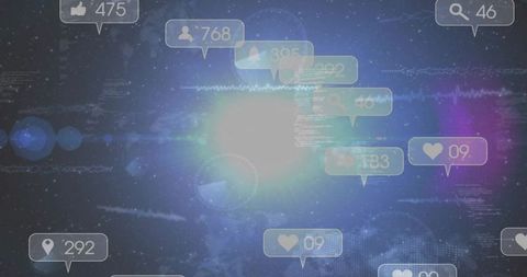 Floating social media hud over cosmic data visualization with central light flare