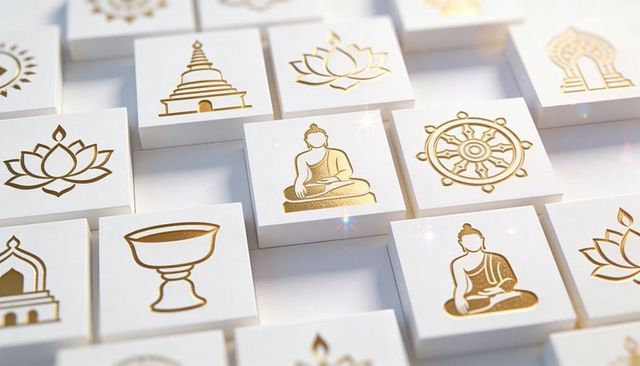 Golden buddhist icons on white tiles showing symmetrical grid and soft studio lighting