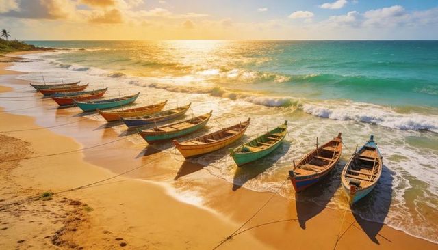 Colorful wooden fishing boats lined along golden shore at sunset with turquoise sea view