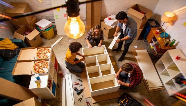 Friends assembling white cubby shelving in loft living room, sharing pizza and power tools